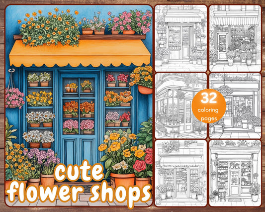 32 Cute Flower Shops Coloring Book, Grayscale Storefronts Coloring Pages for Adults, Shopfronts, Printable PDF, Instant Download