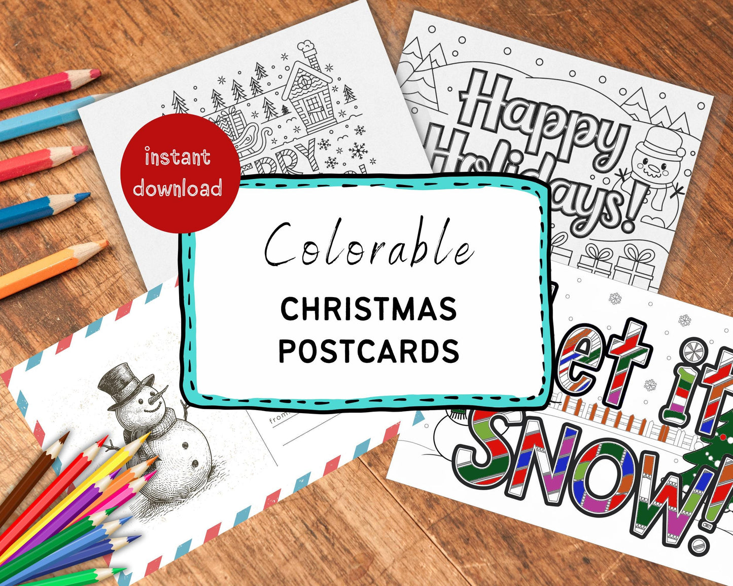 Printable Christmas Coloring Postcards, DIY Holiday Cards with Stamps, Fun Christmas Activity, Personalized Gift, Instant Download