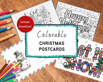 Printable Christmas Coloring Postcards, DIY Holiday Cards with Stamps, Fun Christmas Activity, Personalized Gift, Instant Download