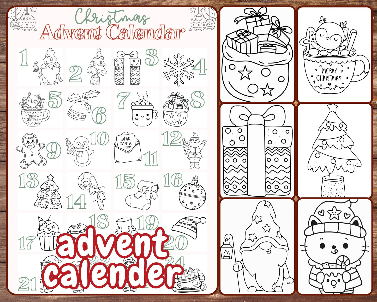 Christmas Advent Calendar Coloring Book, Printable Countdown to Christmas for Adults and Kids, Instant Download, Simple Coloring Pages