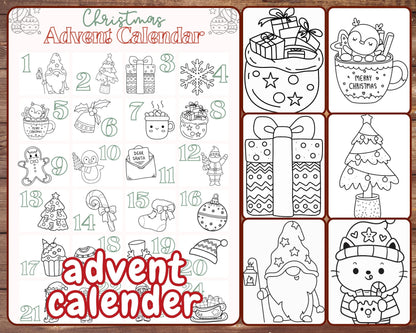 Christmas Advent Calendar Coloring Book, Printable Countdown to Christmas for Adults and Kids, Instant Download, Simple Coloring Pages