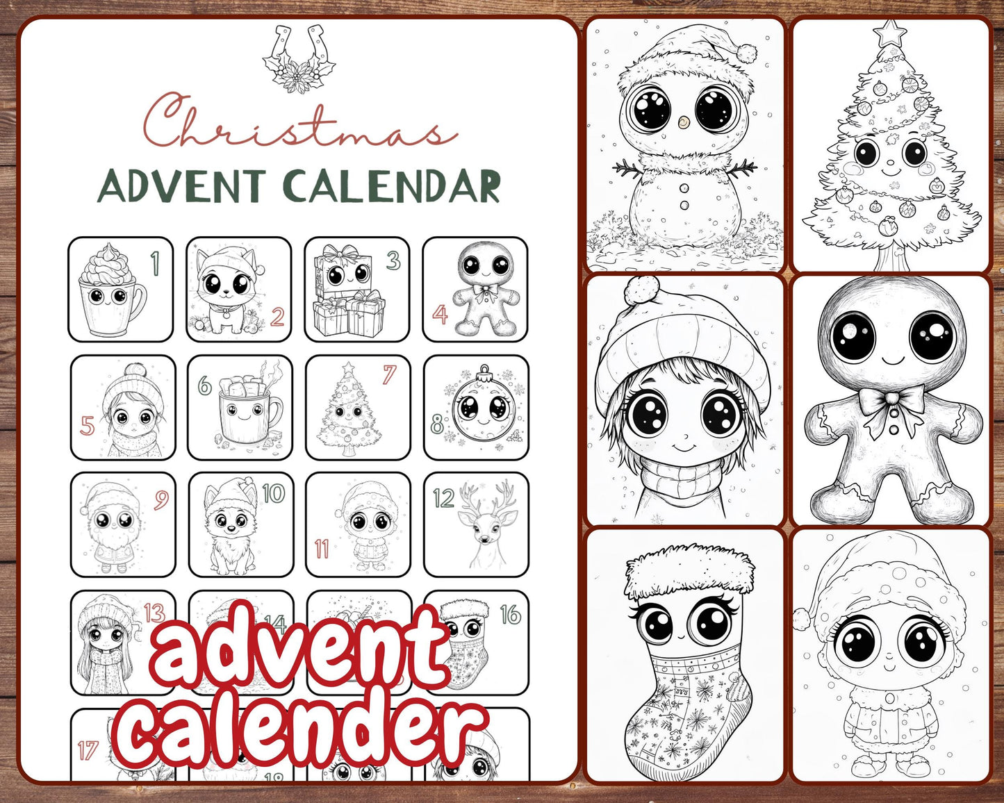 Kawaii Christmas Advent Calendar Coloring Book, Printable Countdown to Christmas for Adults and Kids, Instant Download, Cute Coloring Pages