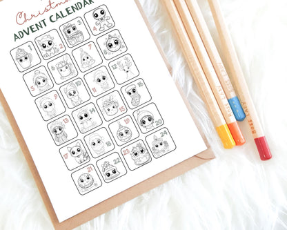 Kawaii Christmas Advent Calendar Coloring Book, Printable Countdown to Christmas for Adults and Kids, Instant Download, Cute Coloring Pages