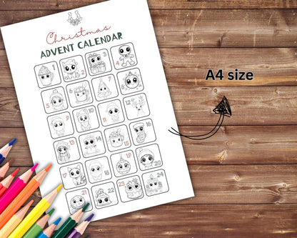 Kawaii Christmas Advent Calendar Coloring Book, Printable Countdown to Christmas for Adults and Kids, Instant Download, Cute Coloring Pages