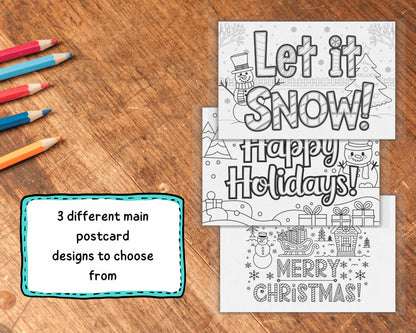 Printable Christmas Coloring Postcards, DIY Holiday Cards with Stamps, Fun Christmas Activity, Personalized Gift, Instant Download