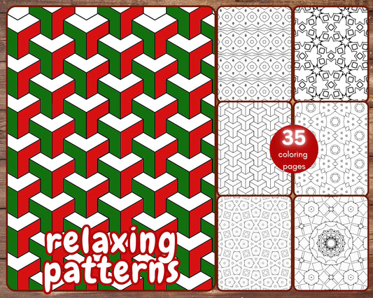 35 Relaxing Patterns Coloring Book, Printable Geometric Patterns for Stress Relief for Adults and Teens, Printable PDF, Instant Download